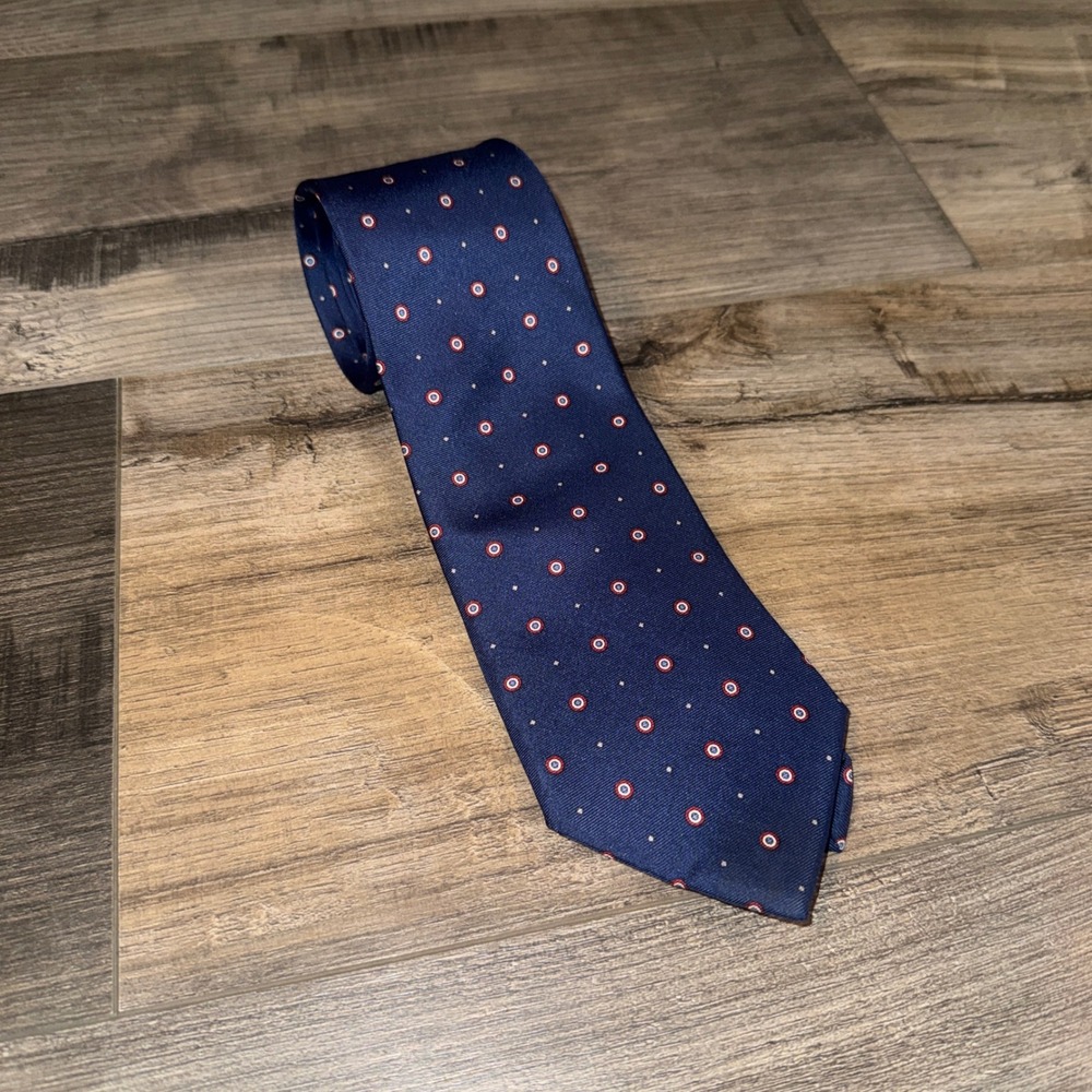 Christian Dior Silk Tie Navy Blue Red Medallion Dot Made USA Woven Italy Vintage